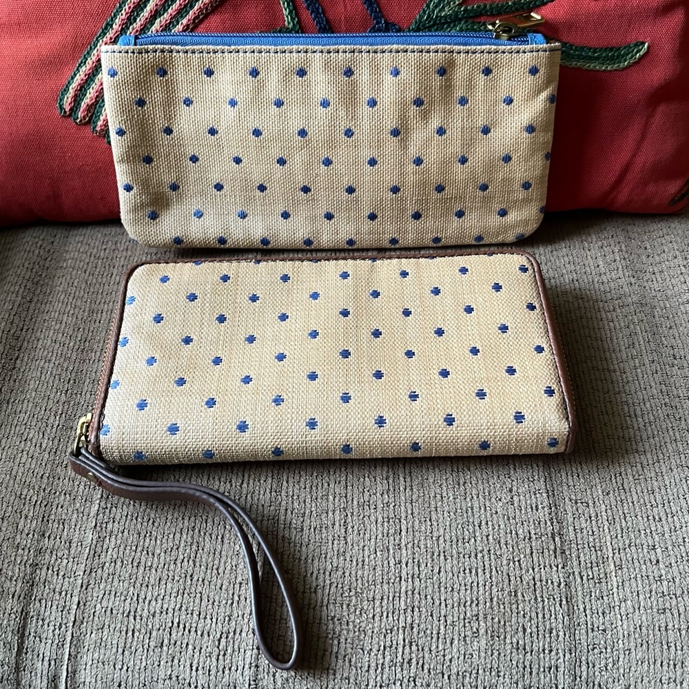 💙 Fossil Felicity Blue Dot Jori Zip Clutch Wallet & Pouch - Tan & Brown & Blue - Picture 2 of 15